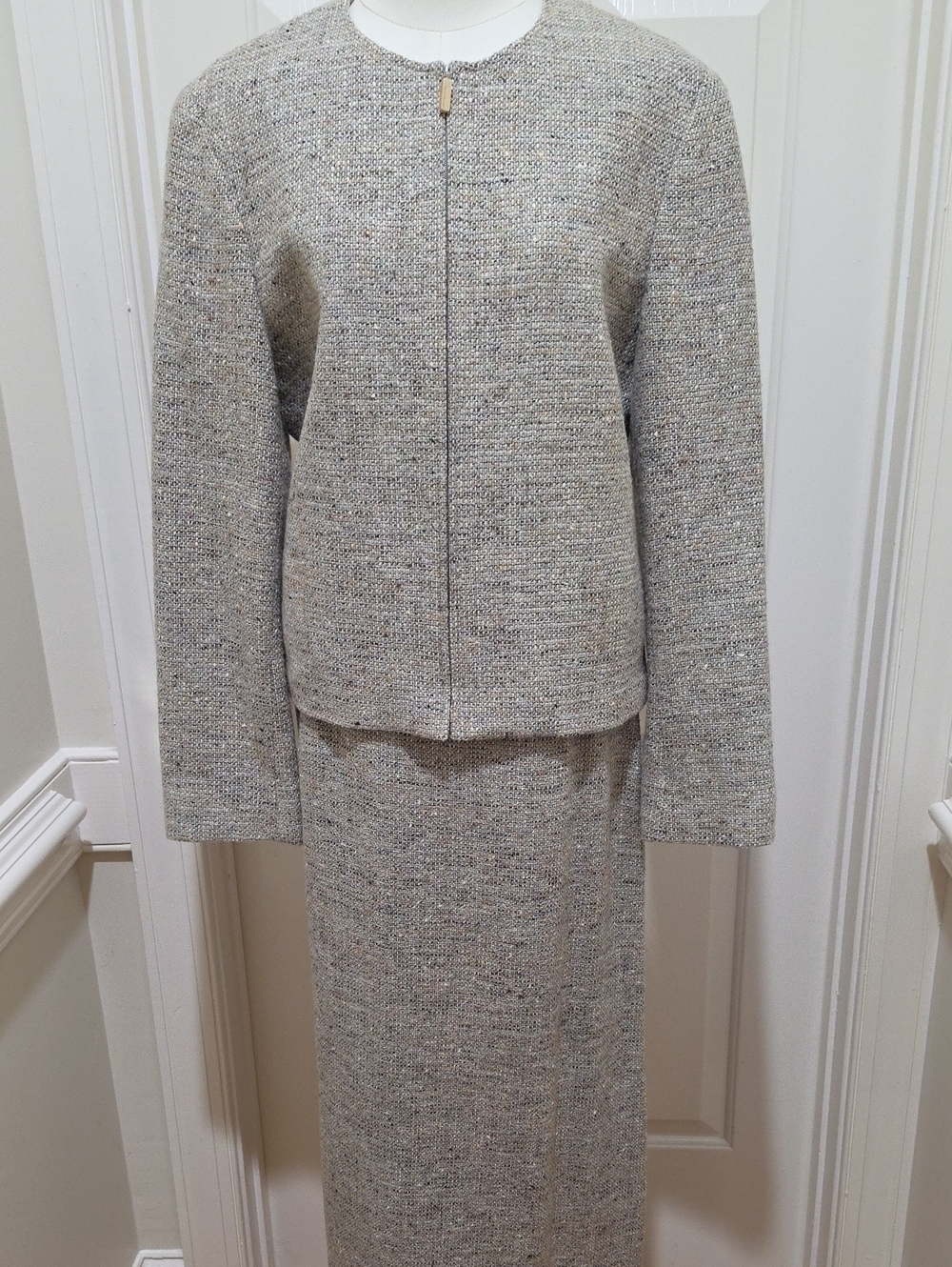 VTG Rena Rowan Wool Twill 2-Piece Skirt Suit Set - Grey Marled Tweed - Size 12